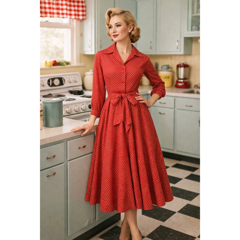 Vintage Sakowitz Red Polka Dot Dress Long‎ Sleeve Midi Fit & Flare